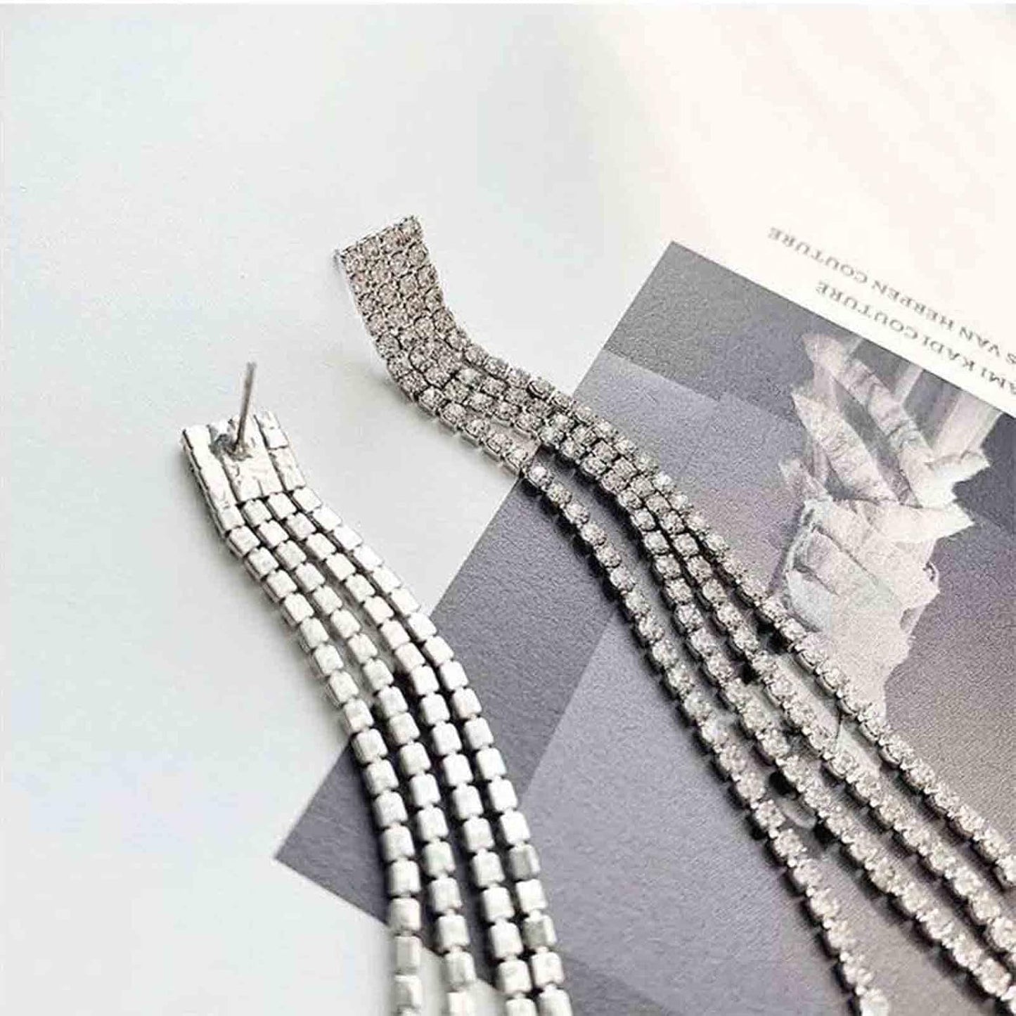 Boho Rhinestone Tassel Earrings Long Fringe Drop Dangle Earrings Silver Crystal Chain Tassel Earrings Vintage Chandelier Chain Studs Earrings Luxury Statement Earrings Jewelry for Women and Girls Gifts