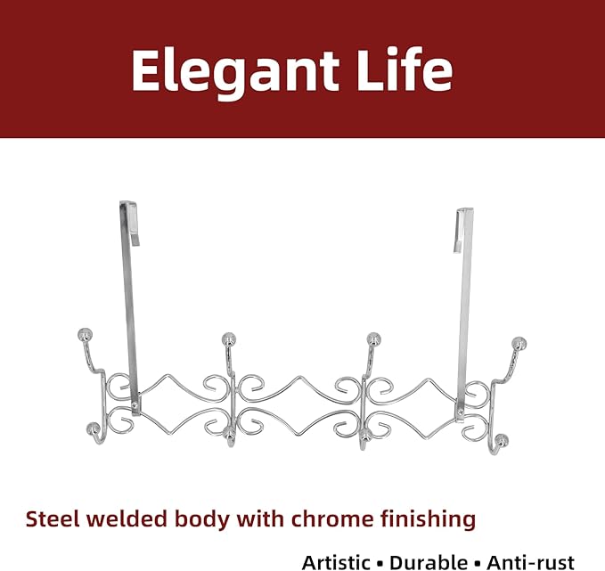 Lekarf Over The Door Coat Hook, 2PC Pack 4 Dual Hooks Rack, Chromed Steel Wire Hanger Hook for Living Room, Bedroom, Bathroom, Wardrobe, Fitting Room, Office