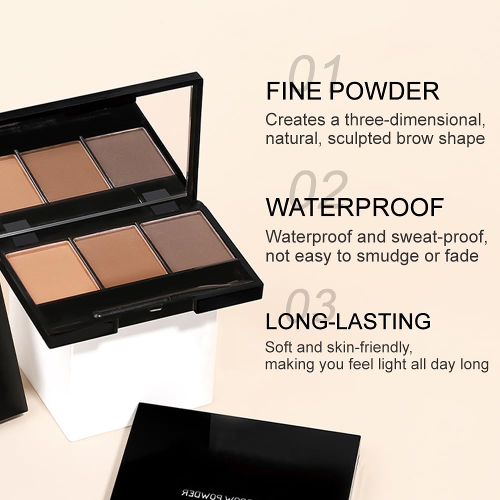 Brow Powder Kit – Long-Lasting 3-Color Brow Filler for Full, Defined Natural Brows, Contour Palette with Double-Ended Brush, sombra para cejas (01)