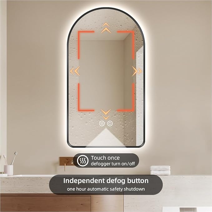 36" x 24" Arched LED Bathroom Mirror, Black Framed, Backlit Vanity Mirror with Lights, Wall Mounted Lighted Mirror, Dimmable 3-Color Shatter-Proof Arch Smart Mirror, UL-Listed, CRI≥93