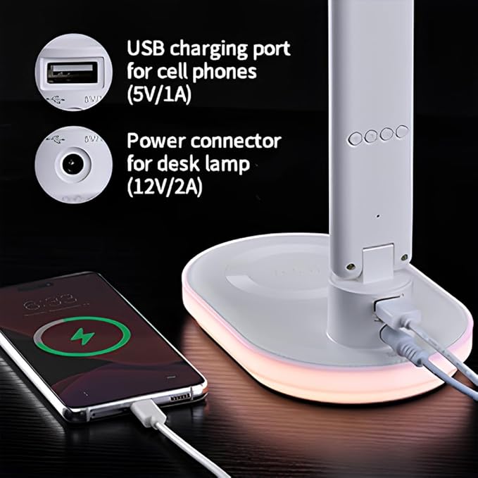 AYI 5IN1 Multifunctional LED Desk Lamp15W Qi Wireless Charger Digital Alarm Clock Ambient Light & Temperature Display Adjustable Eye-Care Table Lamp with Leather Texture Design Table Lamp-U20 White