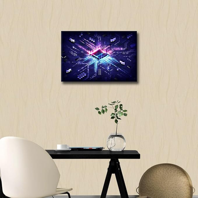 TUMOVO Wall Art for Living Room Glowing CPU Canvas Wall Art Futuristic CPU Contemporary Wall Art AI Posters and Prints Cyberpunk Tech Modern Artwork Ready to Hang for Bedroom Office, 18x12in