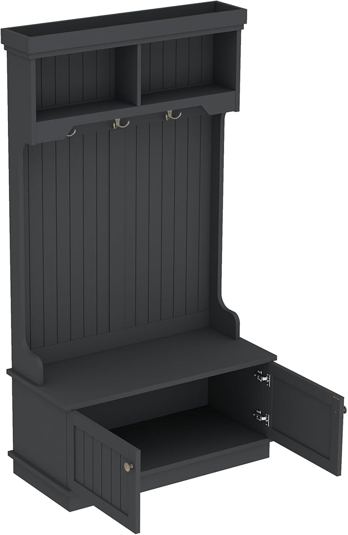 Modern Hall Tree with Storage Shoe Bench, 4-in-1 Design Coat Racks with Shoe Bench and Hooks, Multifunctional Hall Tree for Living Room, Entryway and Hallway (Black/44f)