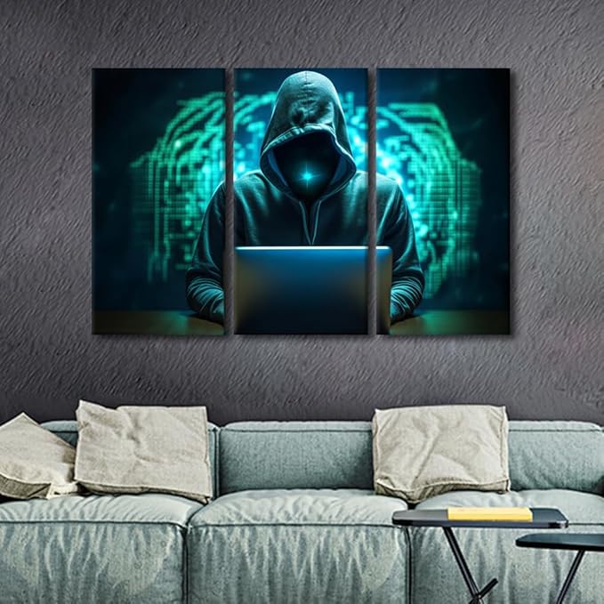Wall Art for Living Room Hacker Malware Art Prints on Canvas AI Big Data Wall Decor Modern Artwork 3 Pieces Canvas Wall Art Giclee Gallery-Wrapped Posters and Prints Framed Ready to Hang, 60"Wx40"H