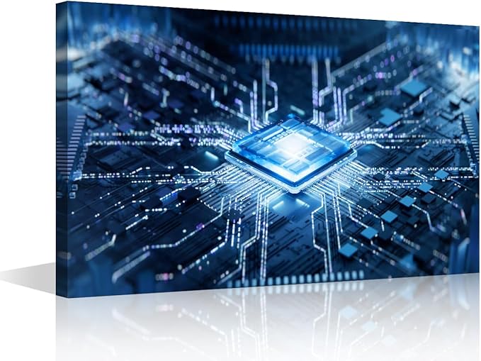 TUMOVO Wall Art for Living Room Technology Digital Art Bedroom Wall Decor Futuristic CPU Wall Paintings for Office Internet Concept Print On Canvas Modern Artwork Framed Ready to Hang, 24x16in