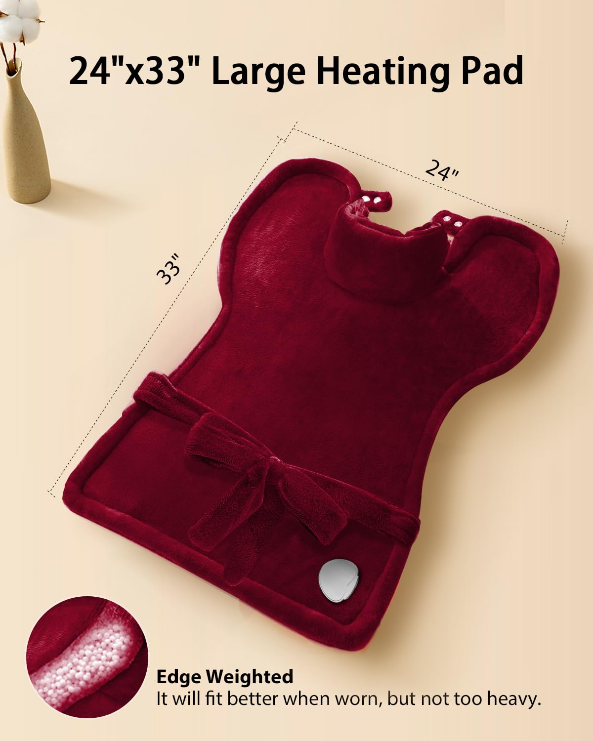 Heating Pad for Back Pain Relief, LANVA Birthday Gifts for Women Mom Grandma, Edge Weighted Electric Heat Pad for Neck and Shoulders, 6 Heat Settings, 4 Timer Options, Machine Washable, 24"x33", Red
