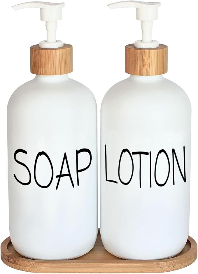 White Soap Dispenser Bathroom Set, Set with Glass Dispenser, Bamboo Pumps & Tray. Hand and Lotion Suitable for Farmhouse Decor