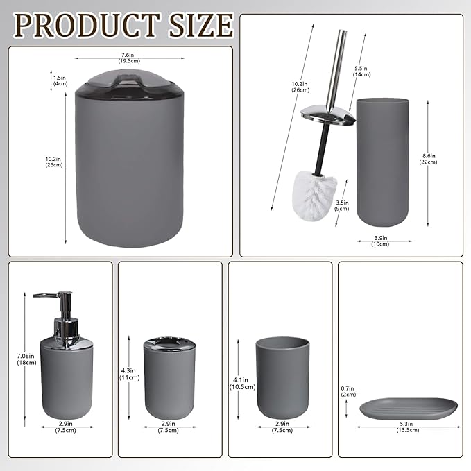 CERBIOR Bathroom Accessories Set 6 Piece Bath Ensemble Includes Soap Dispenser, Toothbrush Holder, Toothbrush Cup, Soap Dish for Decorative Countertop and Housewarming Gift (Light grey-6pcs)