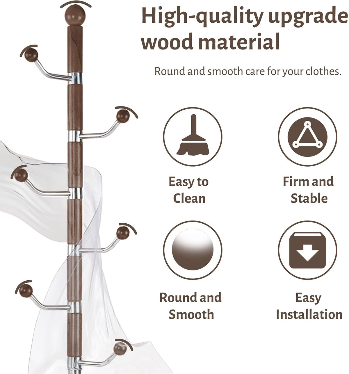 Coat Rack Freestanding, Metal Wooden Coat Tree with 6 Hooks, Heavy Duty Coat Hanger Stand with Resin and Stainless Steel Base, Free Standing Hall Tree for Scarf, Bag, Jacket (Walnut metal)