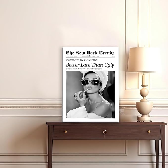 Audrey Hepburn Newspaper Trendy Wall Art Set of 3,Framed Wall Art for Bedroom,Black and White Wall Decor for Bathroom,Magazine Headline News Better Late Than Ugly Prints,New York Times Canvas Bathroom Wall Decor,12x16inch