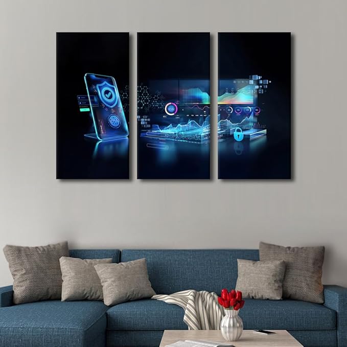 Wall Art for Living Room 3 Panel Network Transaction Security Pictures Print on Canvas Wall Art for Home Office Decorations, Stretched Framed Gallery-Wrapped Ready to Hang, 42" Wx28 H