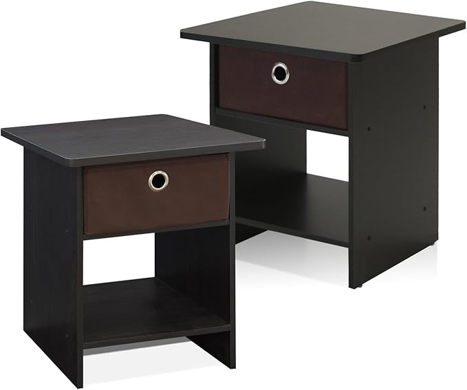 Furinno Dario End Table / Side Table / Night Stand / Bedside Table with Bin Drawer, 2-Pack, Espresso/Brown