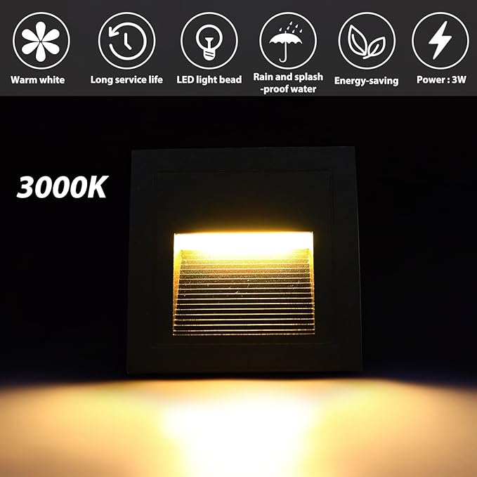 120V Indoor Outdoor Step Lights, LED Stair Lights Indoor Warm White 3000K, Waterproof Recessed Wall Lights for Deck, Stair, Bedroom, Kitchen, Balcony, Aluminum, 4Pack