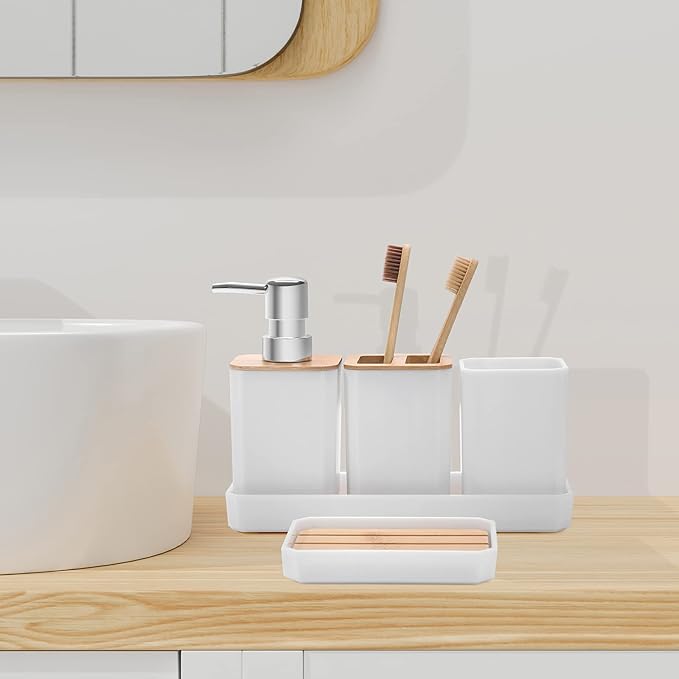 FEILANDUO Bathroom Accessories Set,5 Pcs Bathroom Accessory Gift Set, Soap Dispenser, Soap Dish, Toothbrush Holder, Toothbrush Cup, Vanity Tray, Boho, Modern Bathroom Decor (White)