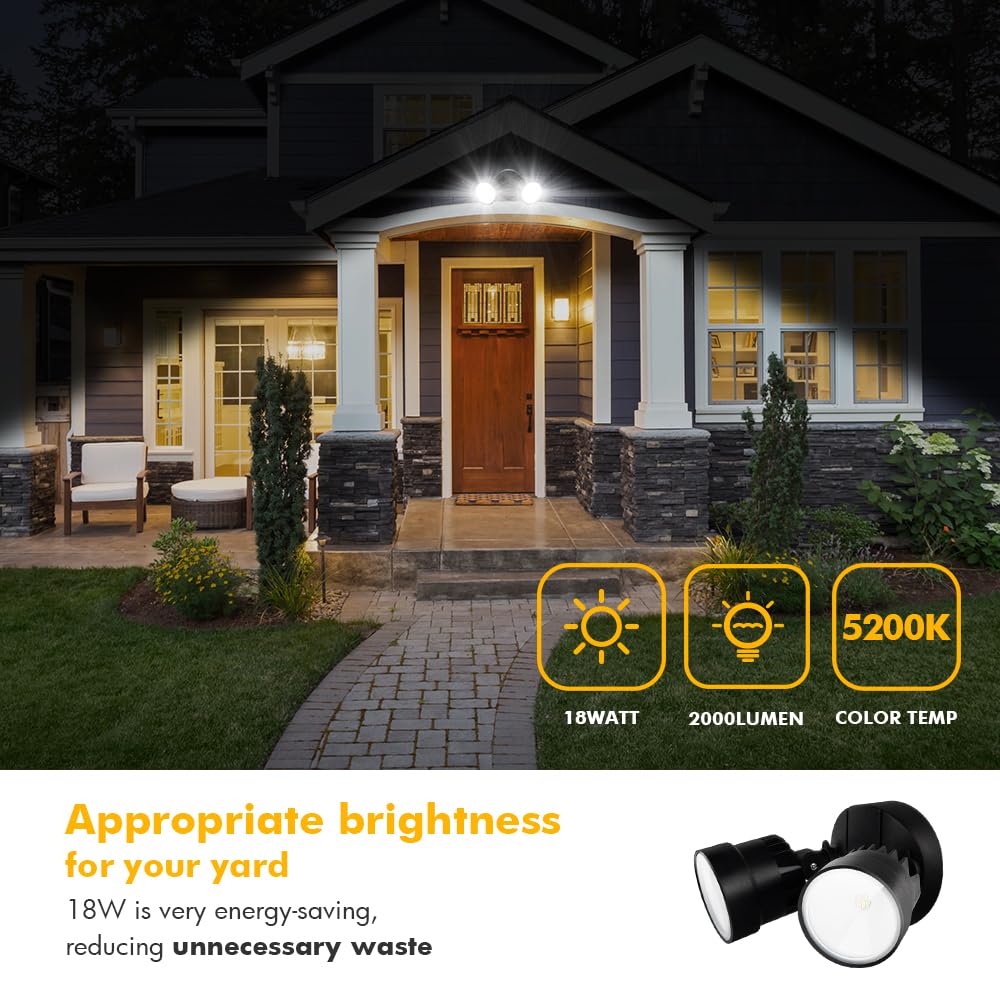 LUTEC 2 Packs P6221B 2000 Lumen 18 Watt 28 LED Dual-Head Flood Light Outdoor, Waterproof Exterior Security Wall Light for Patio, Garden,Yard-Black