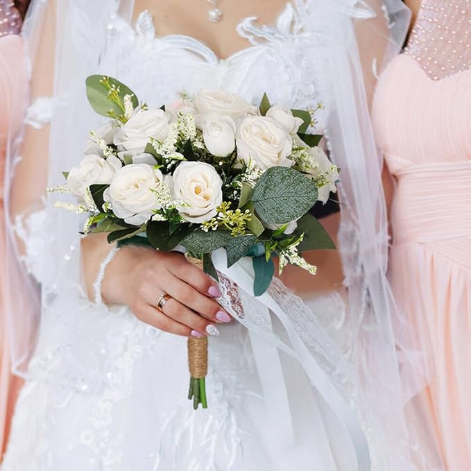 Wedding Rose Bouquet Bridesmaid Flower Bouquets, Artificial Flower Blue White Rose Wedding Bouquets for Bride Bridesmaid Bouquet Faux Bouquet Bride Bridesmaid Holding Flower for Wedding Decor, Medium
