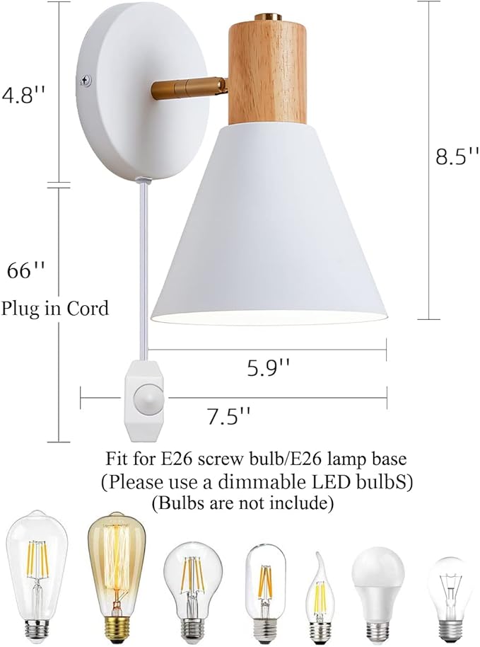 ClanKin Plug in Wall Sconces Lighting Set of 2 for Bedroom, White Dimmable Wood Style Wall Sconce Reading Lamp, Adjustable Wall Light for Bedroom Hallway Living Room (White-Plug in, 2)