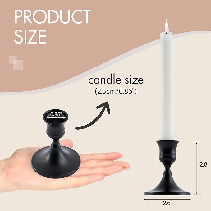 Black Taper Candle Holder, Candlestick Holders, Vintage Metal for Table Centerpieces Wedding Decor (Matte Black, 12 Pcs)