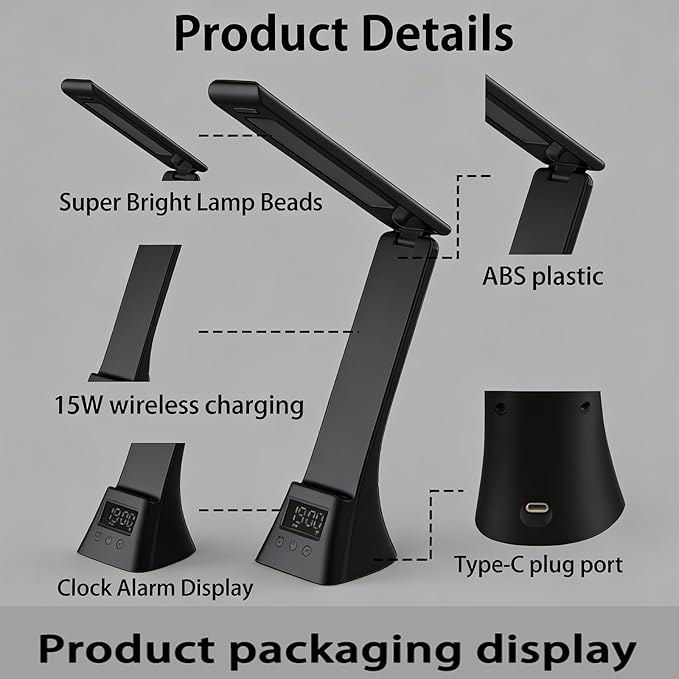All-in-One Wireless Charging Desk Lamp with Digital Clock & Alarm, 15W Fast Phone Charger, 3 Color Lighting Modes, 180° Foldable, Touch Control for Bedroom, Office,TYV-2088 Black.