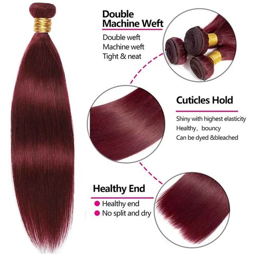 Vinmdonm 18 20 22 inch Burgundy Bundles Human Hair 99J Straight 3 Bundles 8A Brazilian Virgin Hair Extensions 99J Bundle 300g