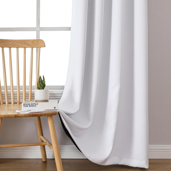 ChrisDowa 100% Blackout Curtains 84 inch Long for Bedroom with Black Liner, 2 Thick Layers Total Blackout Thermal Insulated Grommet Window Curtains 2 Panels Set (Pure White, 38 x 84 Inch)