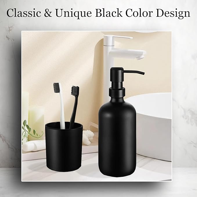6PC Matte Black Bathroom Accessories Set with Glass Soap Dispenser | Modern Bathroom Organizer & Decor Set incl. Toothbrush, Qtip Holder