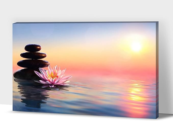 GUTTATY Zen Wall Art Decor, Modern Bathroom Zen Decor Wall Art, Canvas Wall Art for SPA Zen Room Decor, Pink Lotus Flower and Pebble Relaxing Zen Art Prints for Office & SPA Wall Decor 18x24 Inches