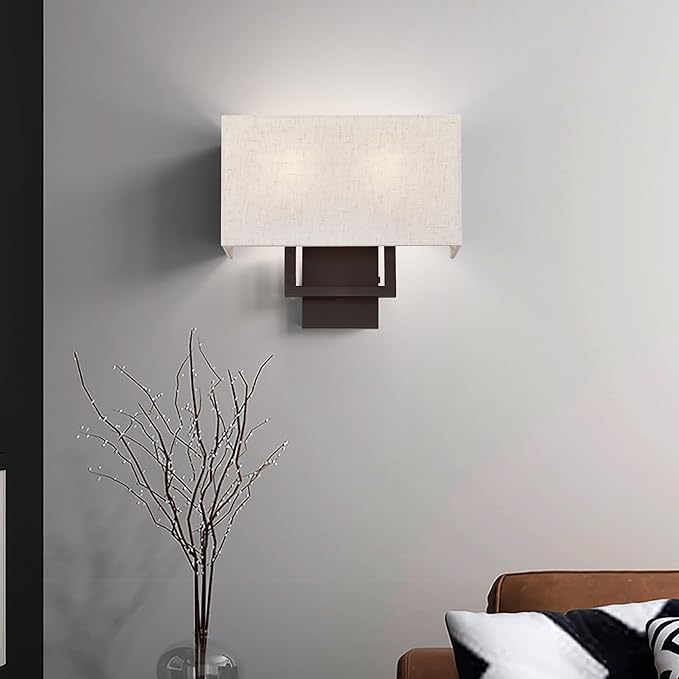 Livex Lighting 50994-07 Pierson Collection 2 Light Ada Wall Sconce, Oatmeal Fabric Outside, White Fabric Inside Hardback Shade, Bronze Finish