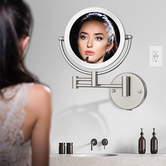 8" Rechargeable Lighted Wall Mounted Makeup Mirror with Magnification, Double-Sided 1X/10X Magnifying Foldable Touch Control 360 Swivel Extendable Arm for Bathroom, Brushed Nickel