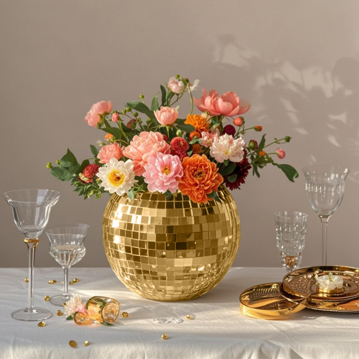 Disco Ball Vase Gold Mosaic Glass Mirror Ball Planter Disco Ball Planter for Centerpieces Disco Ball Decor Flower Vase with Silver Mirror Glass for Wedding Party Birthday, Disco Decor (5" X 6"")"