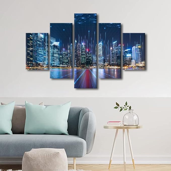 Canvas Art for Bedroom Native Americans Home Decoration Modern Smart City and Digital Picture Printing Teacher Living Room Office Wall Artwork 5 Panel Abstract Point Poster Ready to Hang 60x40 Inch
