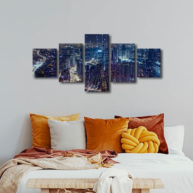 Canvas Wall Art Modern Cityscape Poster 5 Panel Home Decoration Particle Glowing Light Picture Printing Connection Design Poster Internet Companies Corridor Decor Framed Ready to Hang 50x24 Inch