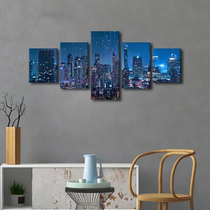 Canvas Wall Art Modern City Poster Printing Men Home Canvas Decoration Connection Concept Picture 5 Panel Abstract Point Poster Internet Workers Home Decoration Stretched Ready to Hang 50x24 Inch