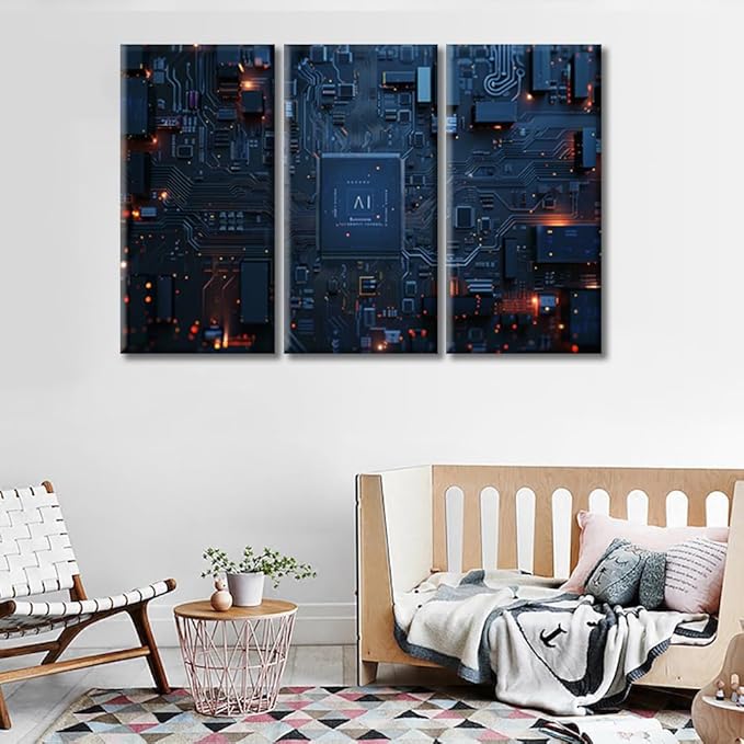 AI Advanced Circuitry Pictures Digital Intelligence Hub Wall Art Wall Decor Circuit Board Pictures Posters 3 Panel CPU Concept Canvas Artwork Wooden Frame Ready to Hang (36"Wx24"H)