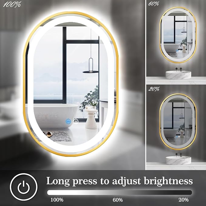 20 x 40 Inch Gold Oval LED Vanity Mirror with Lights Smart Memory 3 Color Dimmable Anti-Fog 40" Gold Framed Oval Lighted Mirror for Bathroom Salon Wall LED Ovals Mirror with Lights Frame