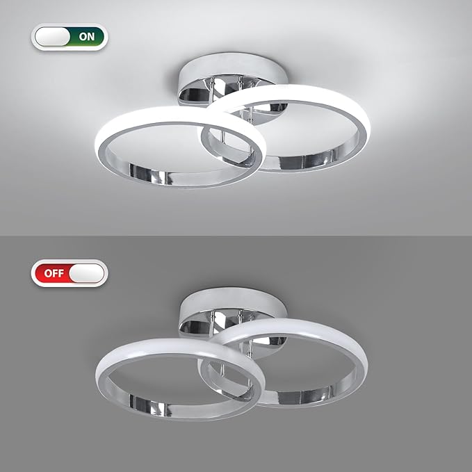 CANEOE Round Modern Led Ceiling Light Fixtures, 6000K Cool White Hallway Light Fixtures Ceiling, Bathroom Close to Ceiling Lights for Corridor Stair Aisle Lamps (Chrome, 1 Pack)