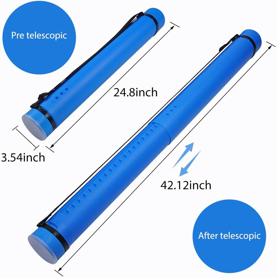 DEWEL Document Tube,Plastic Expanding Poster/Art/Document Storage Tube 24.5 to 40 inches Adjustable with Carrying Strap Waterproof and Light-Resistance Telescoping Carrying Case (Blue-Large Size)