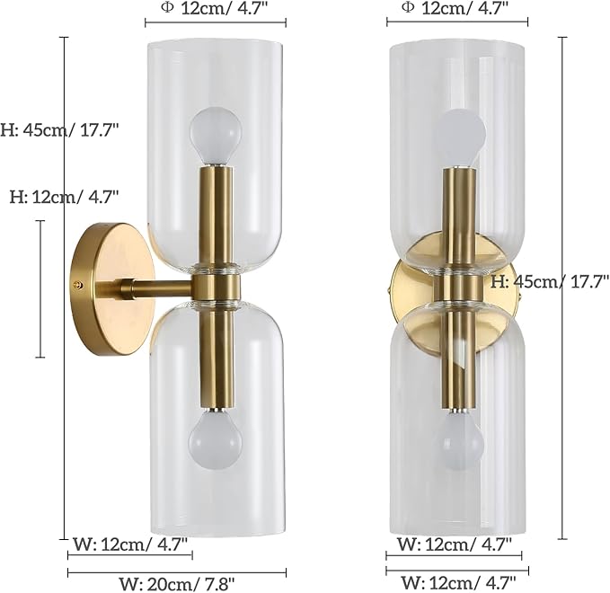 Minimalist 2-Light Gold Wall Sconces with Cylinder Glass Shades- Mid Century Vanity Wall Double Lights Hardwired- Modern Indoor Glass Wall Mounted Art Decor Lights (Clear, 1 Pack)