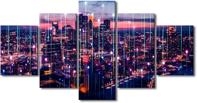 Canvas Wall Art for Home Decoration Abstract Point City Landscape Poster 5 Panel Hologram Aerial Poster Native Americans Living Room Bedroom Decorate Frame and Stretched Ready to Hang 60x32 Inch