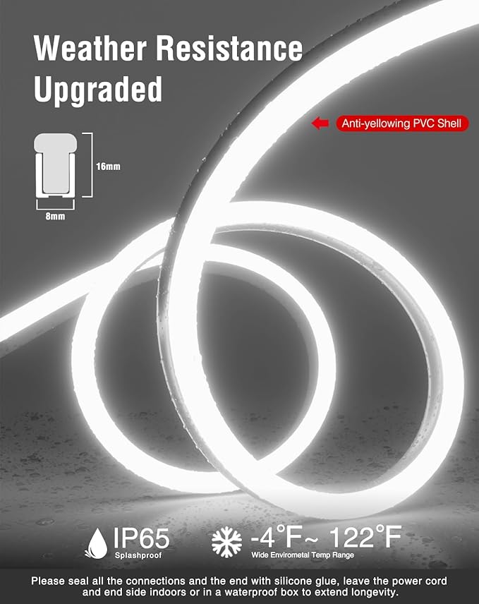 Shine Decor LED Neon Rope Lights AC 120V, Expandable & Cuttable 120LEDs/M Bright Strip Lighting, ETL Cold-Resistant & IP65 Waterproof for Indoor Outdoor, 8x16mm, 6300K Cool White, 65.6ft