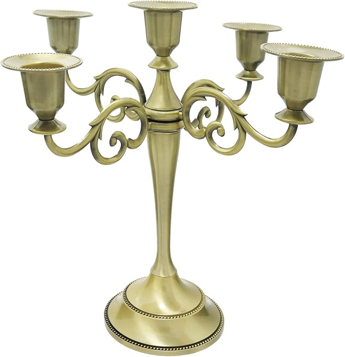 Bronze Candle Holder，5 Arms Metal Candle Holders for Taper Candles（10.6 inch Tall Candlestick Holders, for 1/2-1 inch Pillar Candles Diameter Each）,Candelabra Centerpiece Decoration