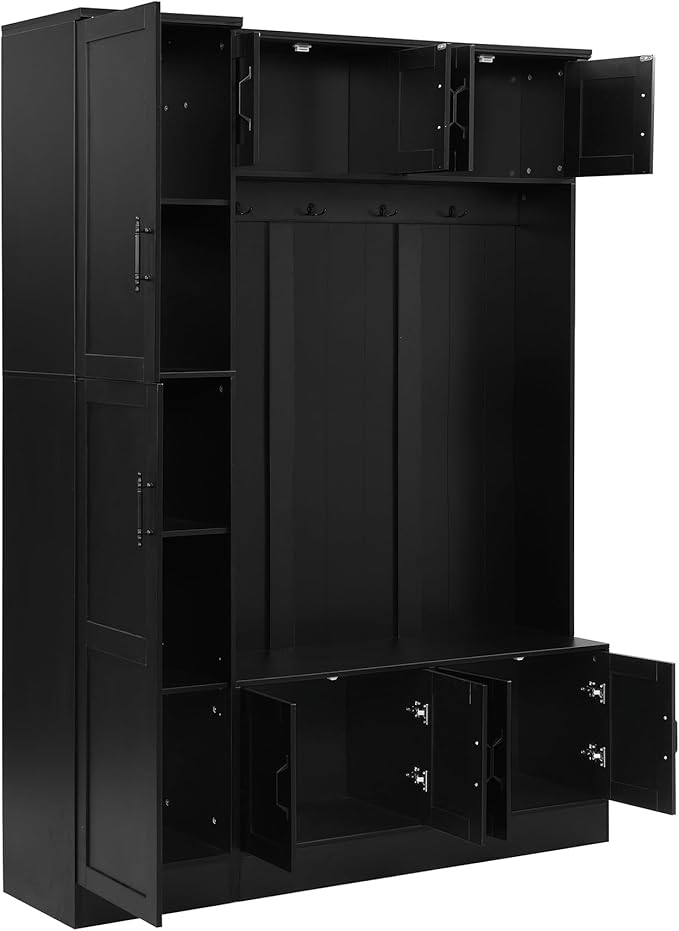79'' Tall Modern Hall Tree with Shoe Storage and 4 Coat Hooks, 4-in-1 Entryway Bench with 6 Cabinets and Adjustable Shelf for Hallway, Living Room (Black/33f)