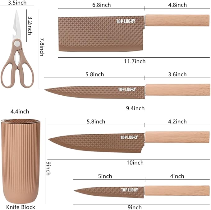 Knife Set, Wiztoynia 6-Piece Coffee Kitchen Knife Set for Home, Anti-Rust Non-stick Stainless Steel Sharp Chef Knife Set with Universal Knife Block for Kitchen, Ergonomical Design (Coffee)