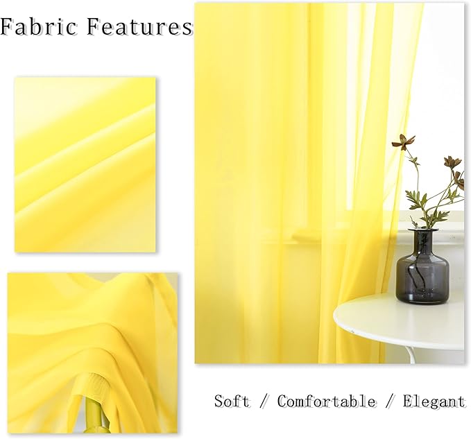 DUALIFE Yellow Sheer Curtains 63 Inch Length for Bedroom 2 Panels Grommet Solid Color Look Semi Sheer Sunmmer Curtains for Living Room Dining Bathroom Basement Kitchen 52x63 Inches Long