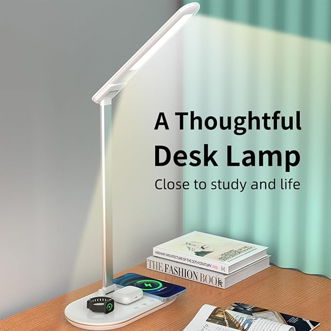 3-in-1 Wireless Charging Desk Lamp,15W Qi Fast Charger for Phone/Watch/Earbuds,Adjustable LED Light with 3 Colors & Stepless Dimming,Flexible Gooseneck,Touch Panel,HYT2096 White.