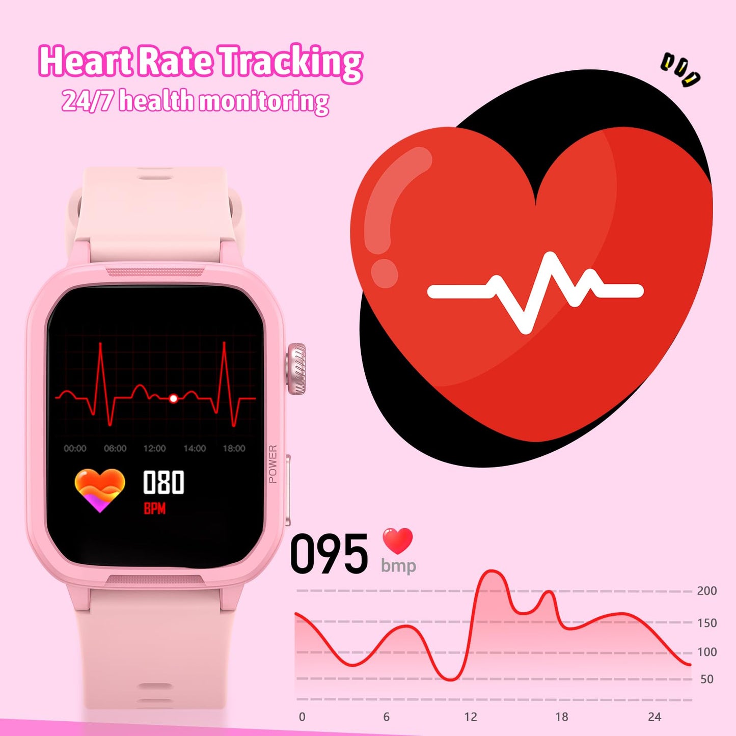Smart Watch for Kids No Phone Needed, Tempered Glass Fitness Tracker Boy Teens with 19 Sport Modes, Pedometer, Sleep Monitor, Kids Watch Birthday Gifts Toy Gift for Girls Boys 6-16 (Pink)