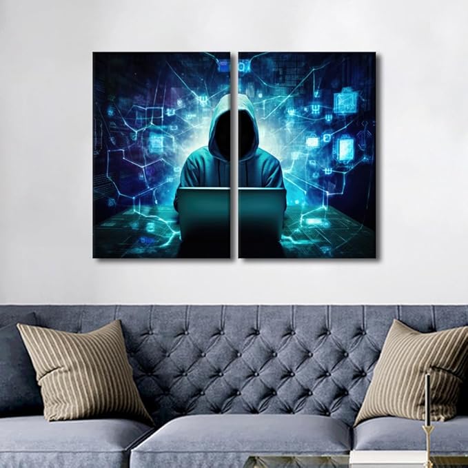 TUMOVO 3 Pieces Wall Art AI Big Data on Canvas Art Prints Hacker Malware Paintings Modern Home Decor Artwork Minimalism Picture Giclee Print for Modern Home Decor, 24" Wx16 H