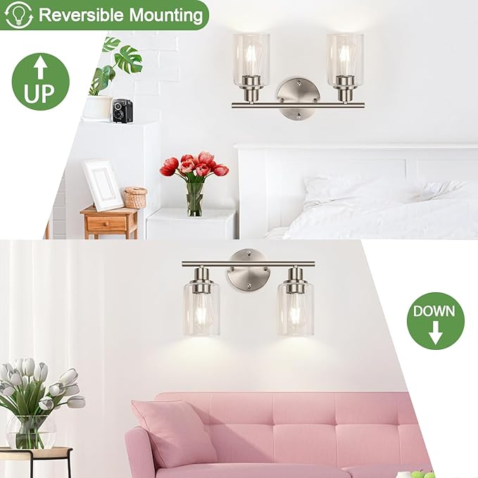 2-Light Bathroom Light Fixtures, Brushed Nickel Vanity Light, Modern Vanity Lights with Clear Glass Shade, Bathroom Wall Lamp for Mirror Kitchen Living Room Hallway Cabinet Porch