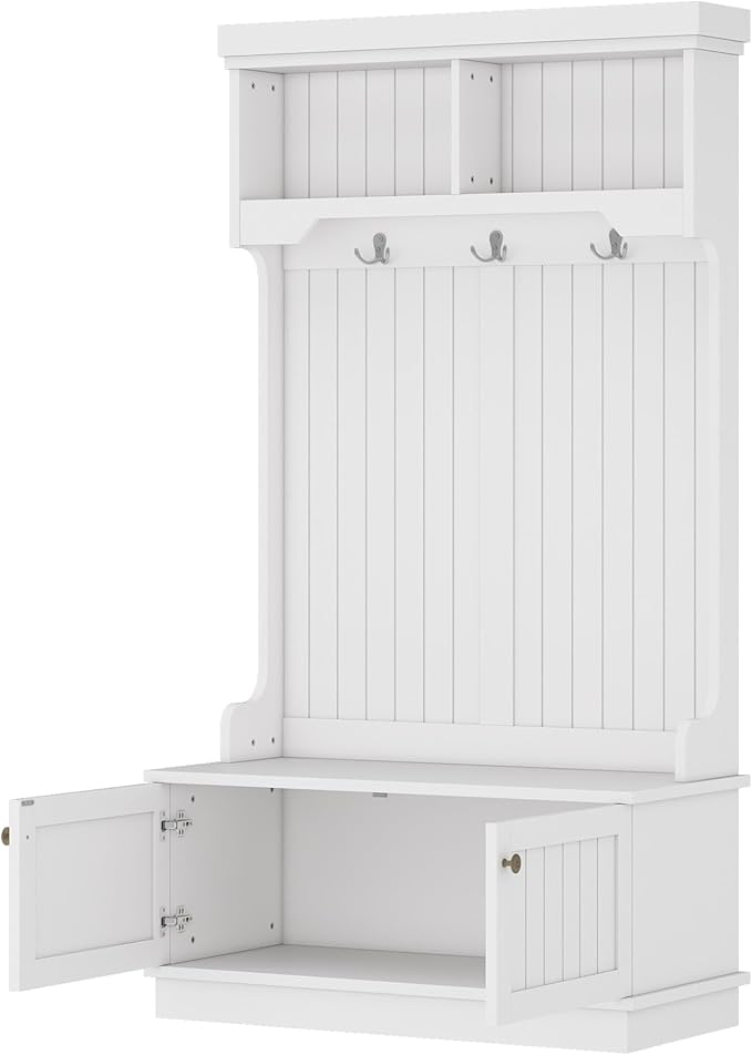 Modern Hall Tree with Storage Shoe Bench, 4-in-1 Design Coat Racks with Shoe Bench and Hooks, Multifunctional Hall Tree for Living Room, Entryway and Hallway (White/44f)