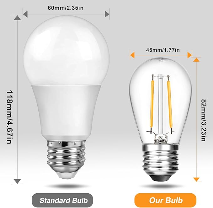 BRIMAX 6 Pack 2W LED Light Bulbs,Equivalent to 15W-20W,Low Watt Small S14 Replacement Bulbs for Outdoor String Lights and Sputnik Chandelier,Shatterproof,120V,2700K,E26 Base (3.35″ H × 1.77″ W)